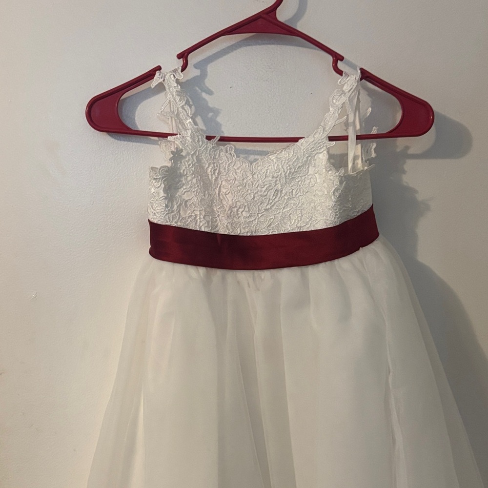 White and burgundy flower girl dress